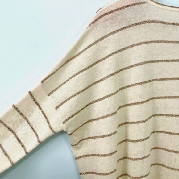 J. Jill Cream Gold Striped Soft Knit Wool Scoop Neck Oversized Sweater Medium - Picture 4 of 5